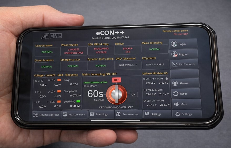 Smartphone met het eCON++ dashboard: status, meetwaarden, alarmen en telecontrole in één scherm.